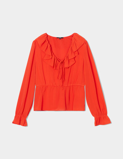 Blouse volantée col en V à cordons orange femme