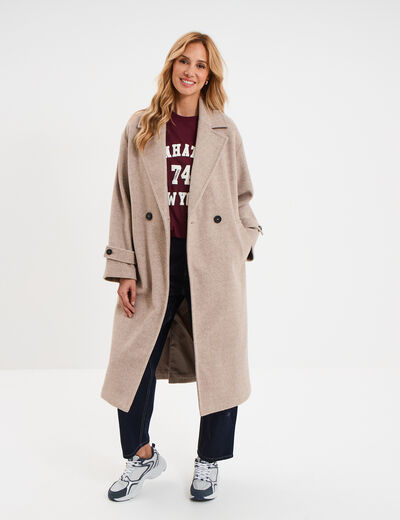 Manteau long boutonn&eacute; beige femme