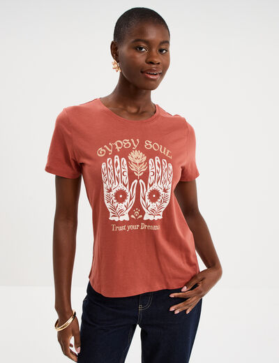 T-shirt ajust&eacute; manches courtes coton terracotta femme