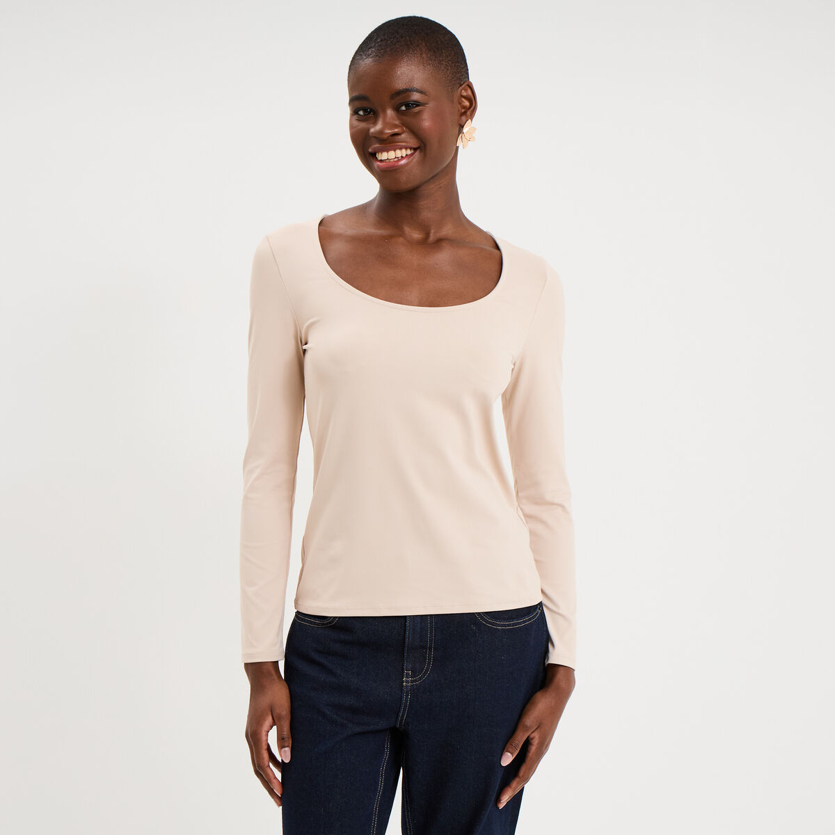 T-shirt ajust&eacute; manches longues beige femme