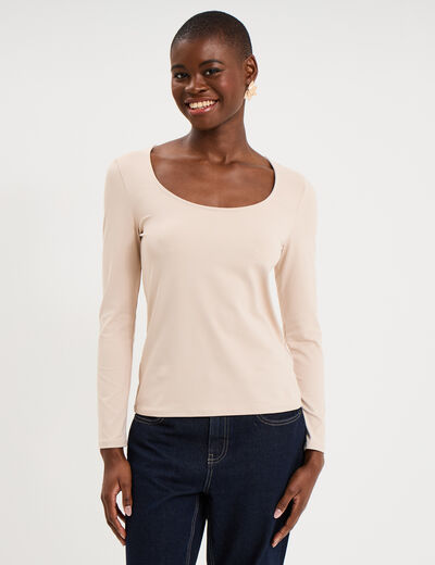 T-shirt ajust&eacute; manches longues beige femme