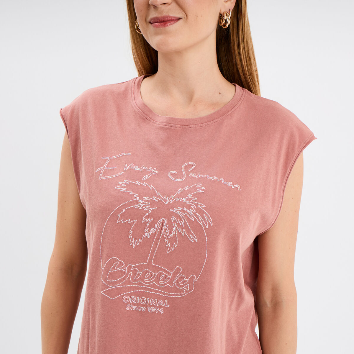 Débardeur brodé coton vieux rose femme