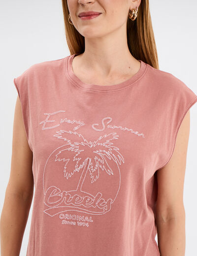Débardeur brodé coton vieux rose femme