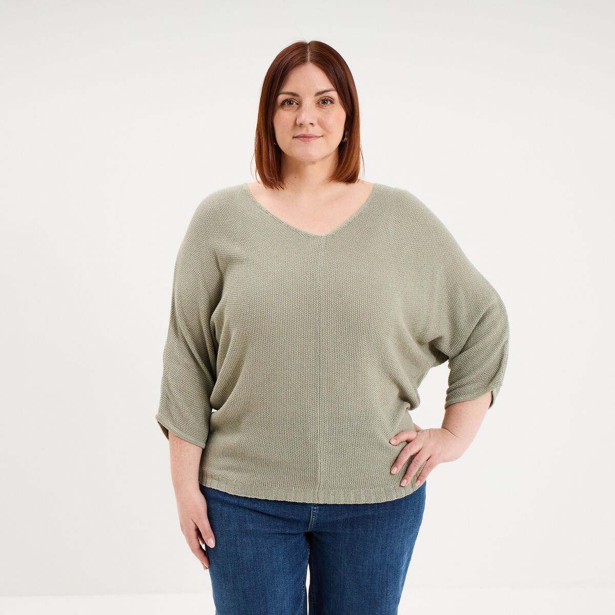 Pull manches 3/4 col en V vert kaki femme grande taille