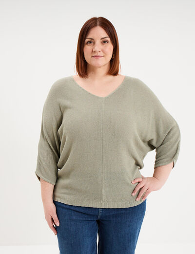 Pull manches 3/4 col en V vert kaki femme grande taille