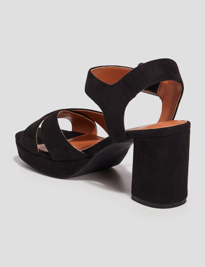 Sandales plateforme &agrave; talons en su&eacute;dine noir femme
