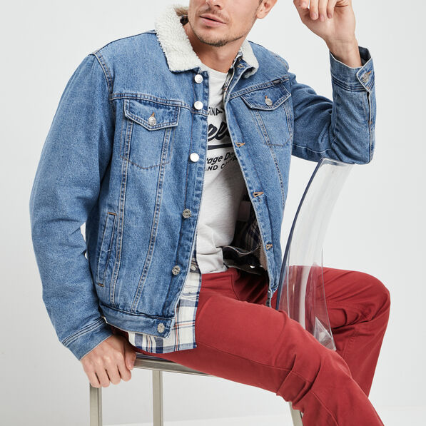 Veste en jean col fourré denim double stone homme
