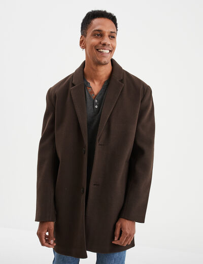 Manteau mi-long boutonné et doublé marron foncé homme