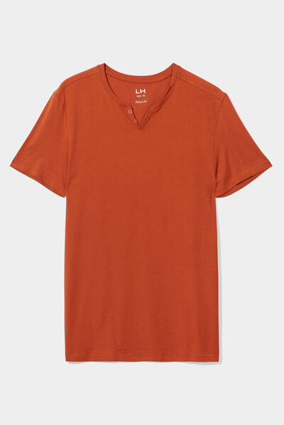 T-shirt manches courtes col tunisien orange foncé homme