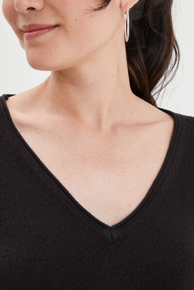 Pull col en V manches longues noir femme