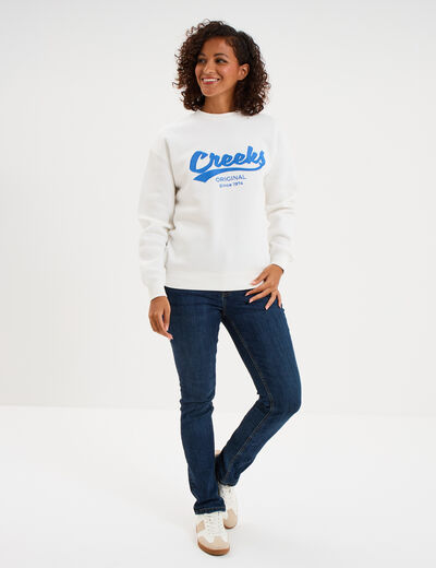 Sweat molleton col rond manches longues blanc femme