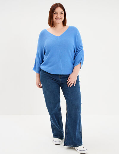 Pull manches 3/4 ajust&eacute; bleu electrique femme grande taille