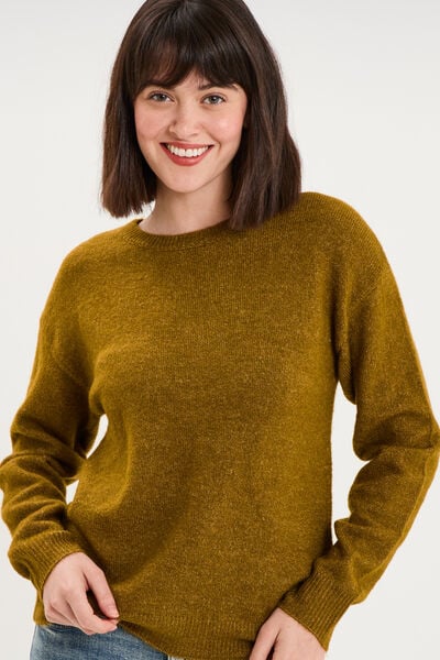 Pull col rond manches longues vert olive femme