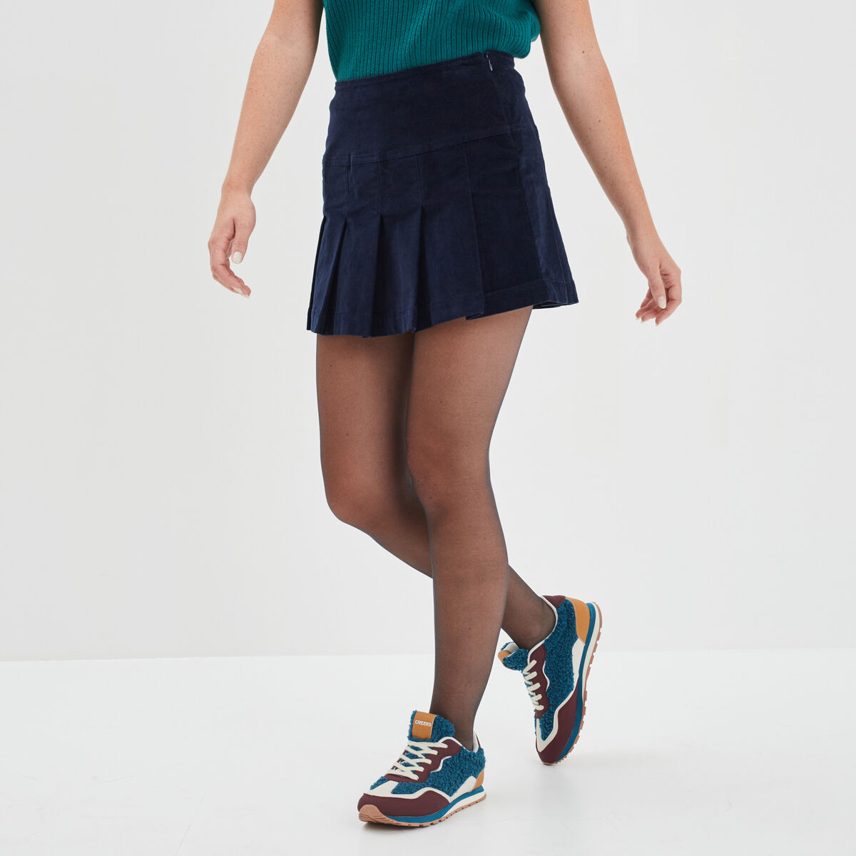 Jupe plissée velours bleu marine femme