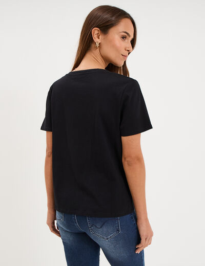 T-shirt manches courtes col en V coton noir femme