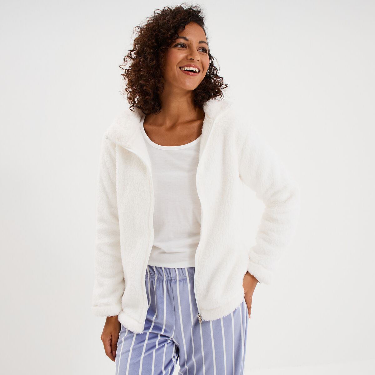 Ensemble pyjama 3 pi&egrave;ces effet polaire bleu ciel femme