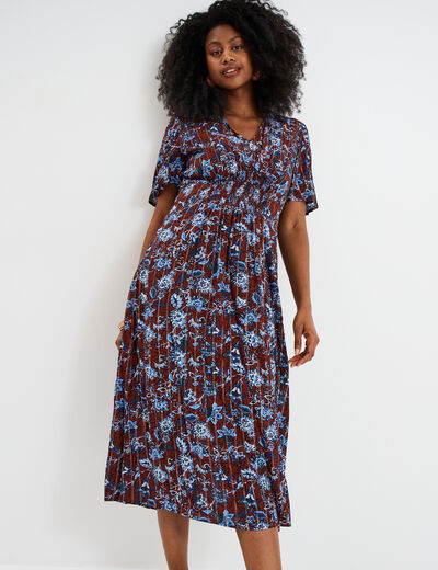 Robe longue empire taille smock&eacute;e marron femme