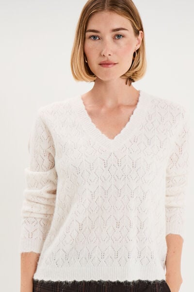 Pull col V ajour&eacute; manches longues blanc femme