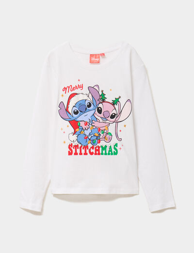 T-shirt manches longues No&euml;l Stitch blanc fille
