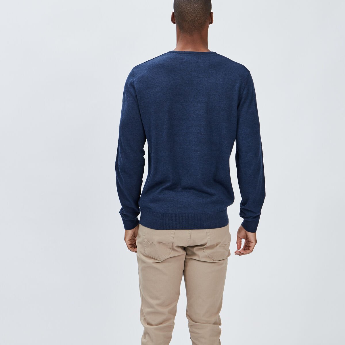 Pull droit col rond coton m&eacute;lang&eacute; bleu fonc&eacute; homme