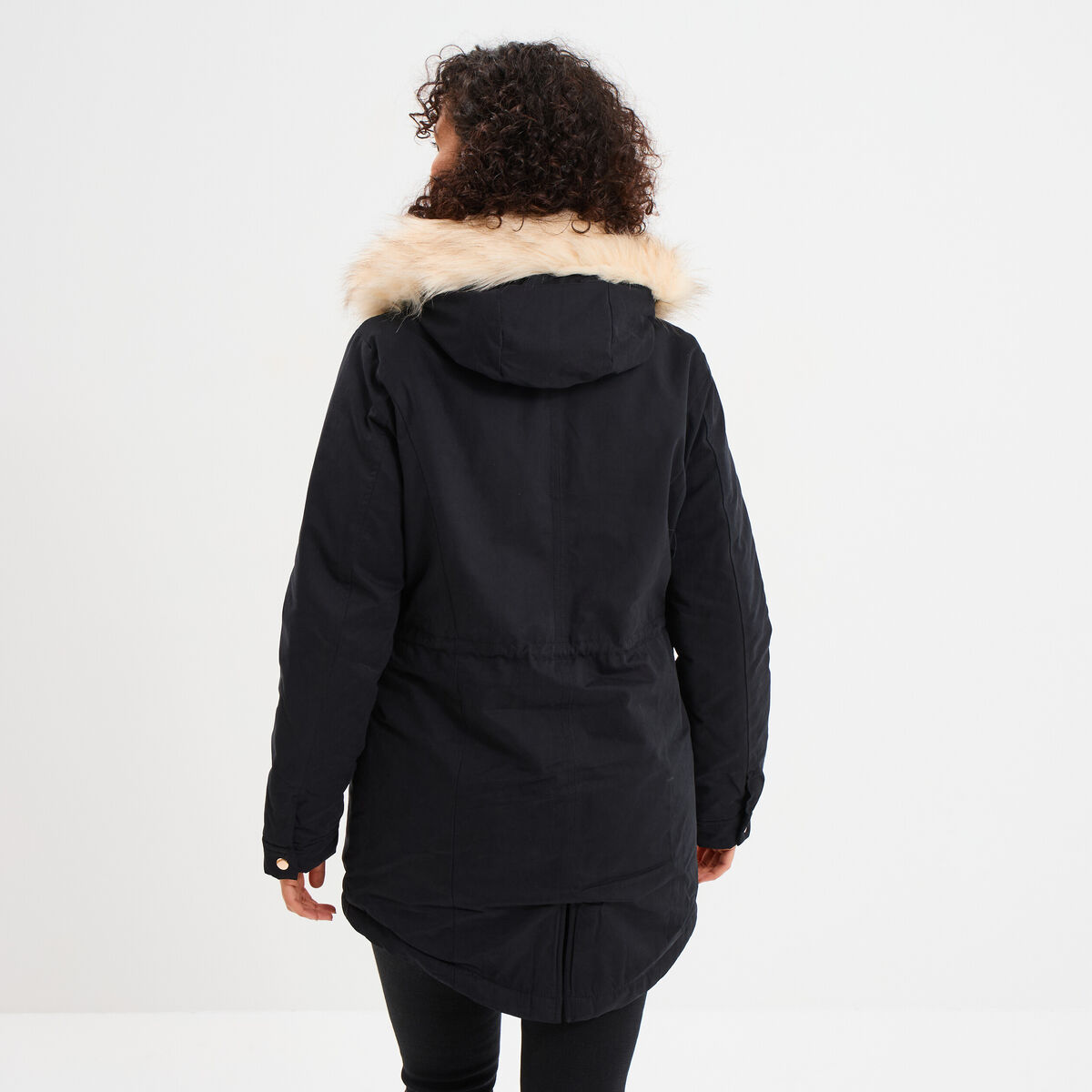 Parka cintr&eacute;e &agrave; capuche fourr&eacute;e amovible noir femme