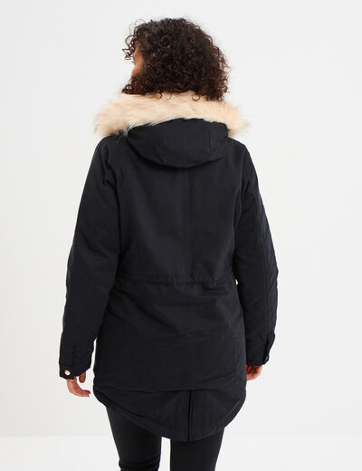Parka cintrée à capuche fourrée amovible noir femme