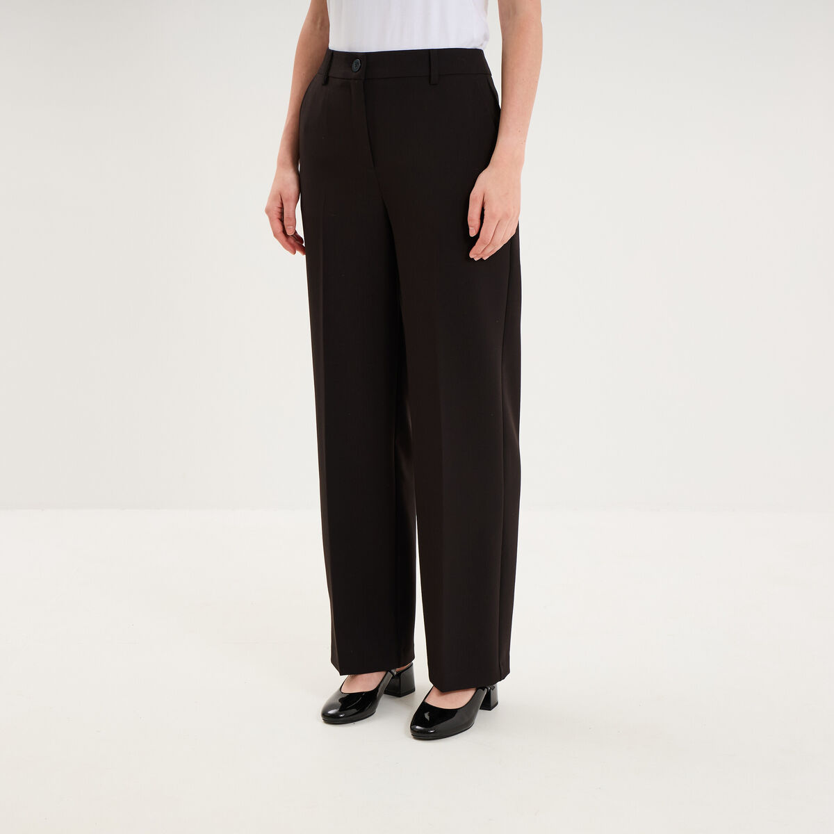 Pantalon droit effet cr&ecirc;pe &agrave; pinces noir femme