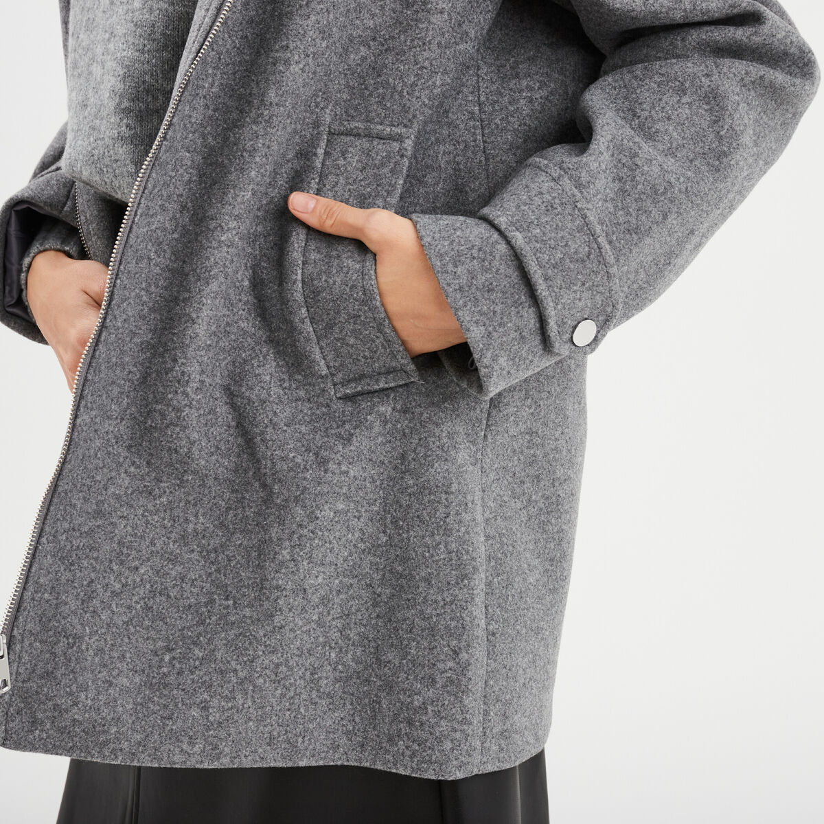 Manteau zipp&eacute; capuche fausse fourrure gris femme