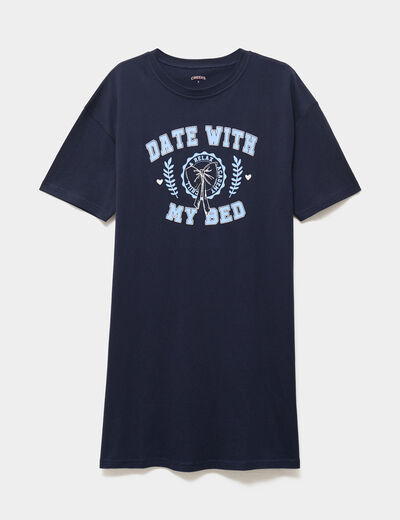 Chemise de nuit courte col rond coton bleu marine femme