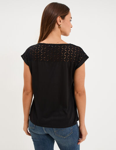 T-shirt col en V ajour&eacute; &eacute;paules et dos noir femme