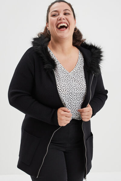 Gilet long capuche et fausse fourrure noir femme grande taille