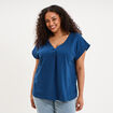 Blouse col V manches courtes m&eacute;lange lin bleu marine femme grande taille