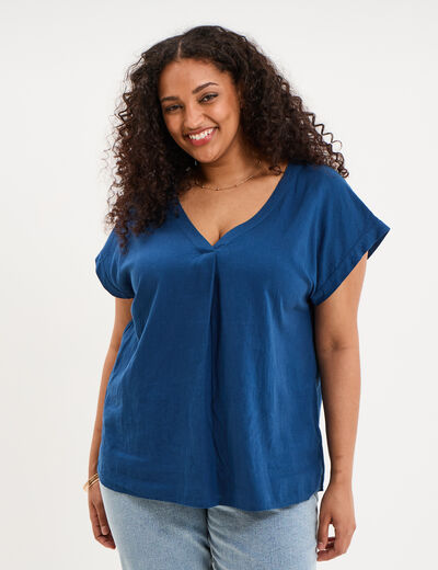 Blouse col V manches courtes m&eacute;lange lin bleu marine femme grande taille