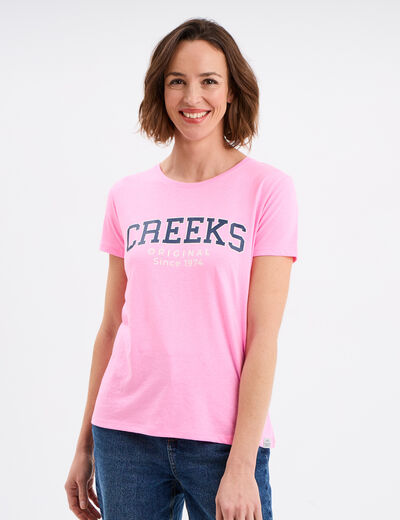 T-shirt col rond manches courtes Creeks rose fluo femme