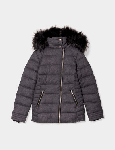 Doudoune cintr&eacute;e &agrave; capuche amovible gris fonc&eacute; femme