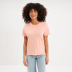 T-shirt col rond manches courtes coton rose poudr&eacute;e femme