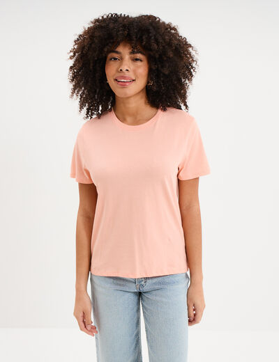T-shirt col rond manches courtes coton rose poudr&eacute;e femme