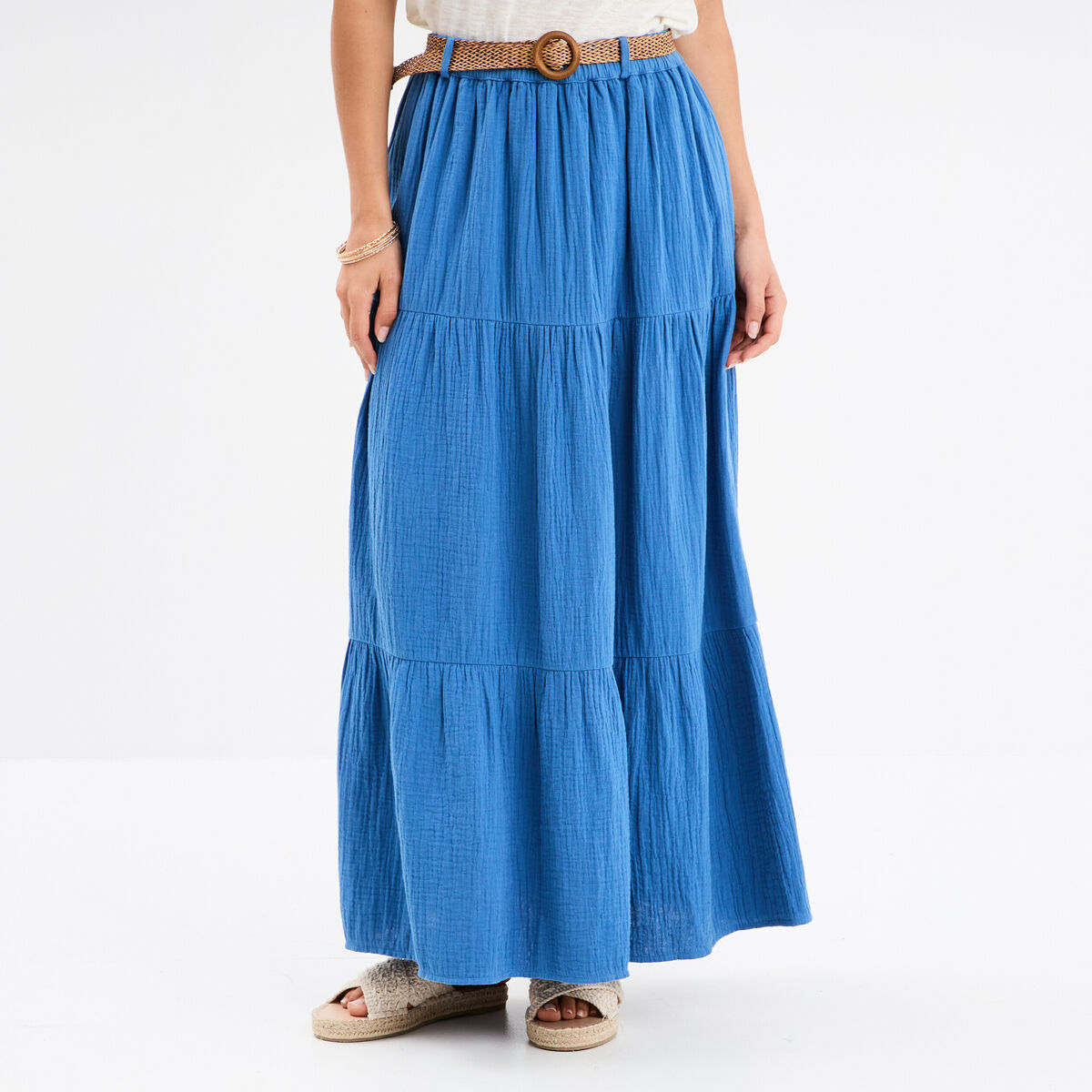 Jupe longue gaze de coton ceintur&eacute;e bleu fonc&eacute; femme