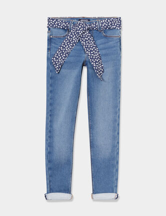 Jean stretch skinny ceinture foulard denim stone fille