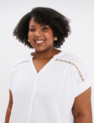 Blouse droite gaze de coton col tunisien blanc femme grande taille