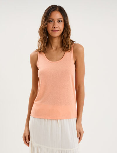 D&eacute;bardeur col rond m&eacute;lange lin rose saumon femme