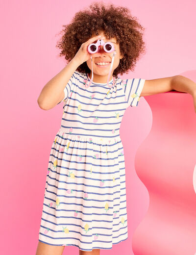 Robe courte &eacute;vas&eacute;e manches courtes coton ecru fille