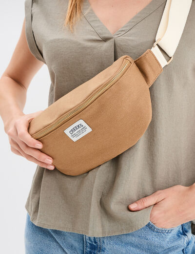 Sac banane bandouli&egrave;re en toile canvas marron cognac femme