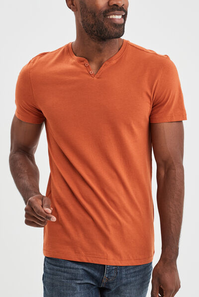 T-shirt manches courtes col tunisien orange foncé homme