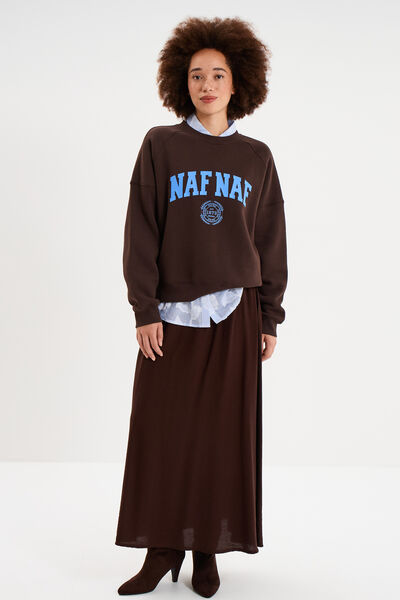 Jupe longue &eacute;vas&eacute;e taille &eacute;lastiqu&eacute;e marron fonc&eacute; femme