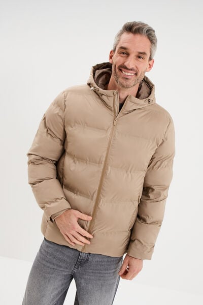 Doudoune courte &agrave; capuche d&eacute;perlante taupe homme