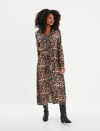 Robe chemise longue fluide ceinturée camel femme