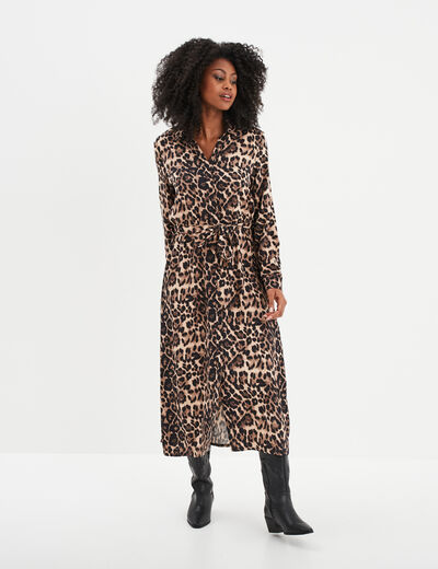 Robe chemise longue fluide ceinturée camel femme