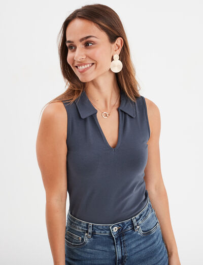 T-shirt coton sans manches col polo bleu gris femme