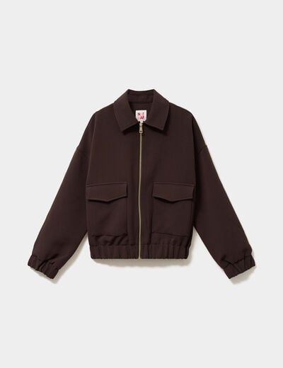 Blouson zipp&eacute; col chemise marron fonc&eacute; femme